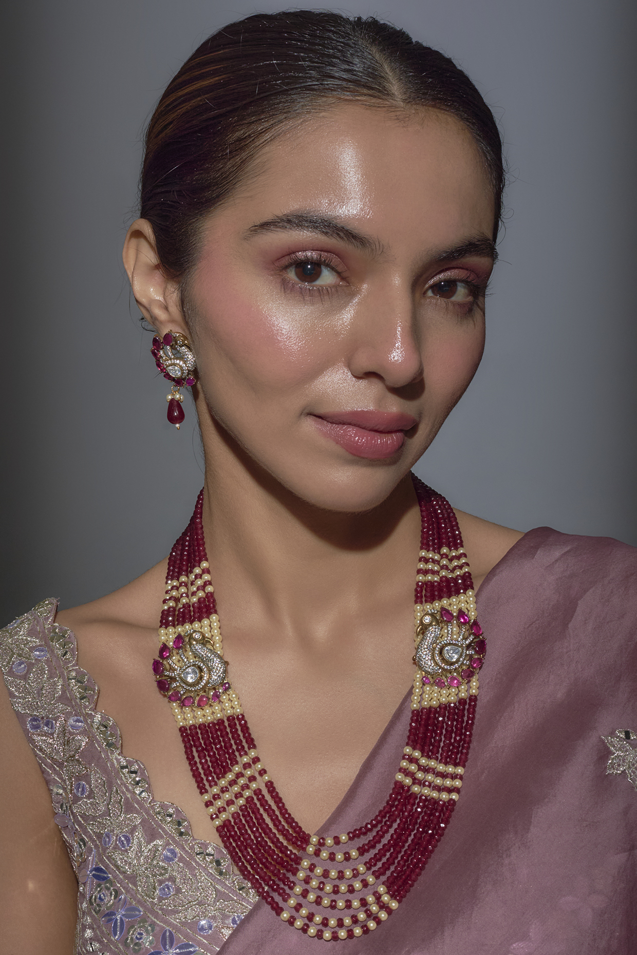 Gold Finish Ruby Sone & Beaded Long Layered Necklace Set by Moh-Maya by Disha Khatri at Pernia's Pop Up Shop
