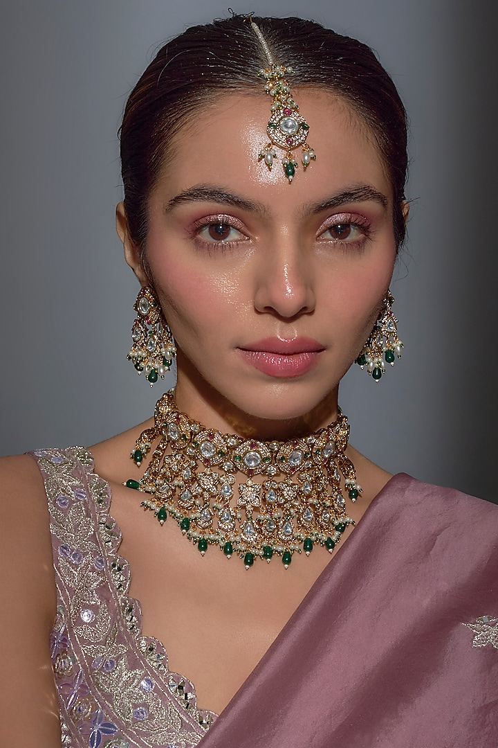 Gold Finish Ruby & Emerald Choker Necklace Set by Moh-Maya by Disha Khatri at Pernia's Pop Up Shop