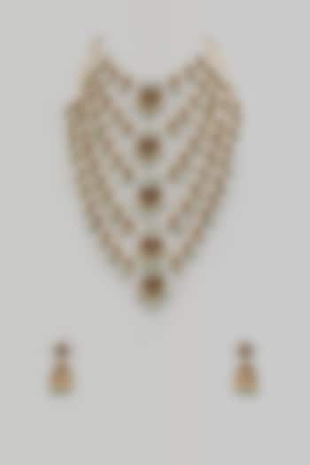 Gold Finish Ruby & Emerald Long Layered Necklace Set by Moh-Maya by Disha Khatri at Pernia's Pop Up Shop