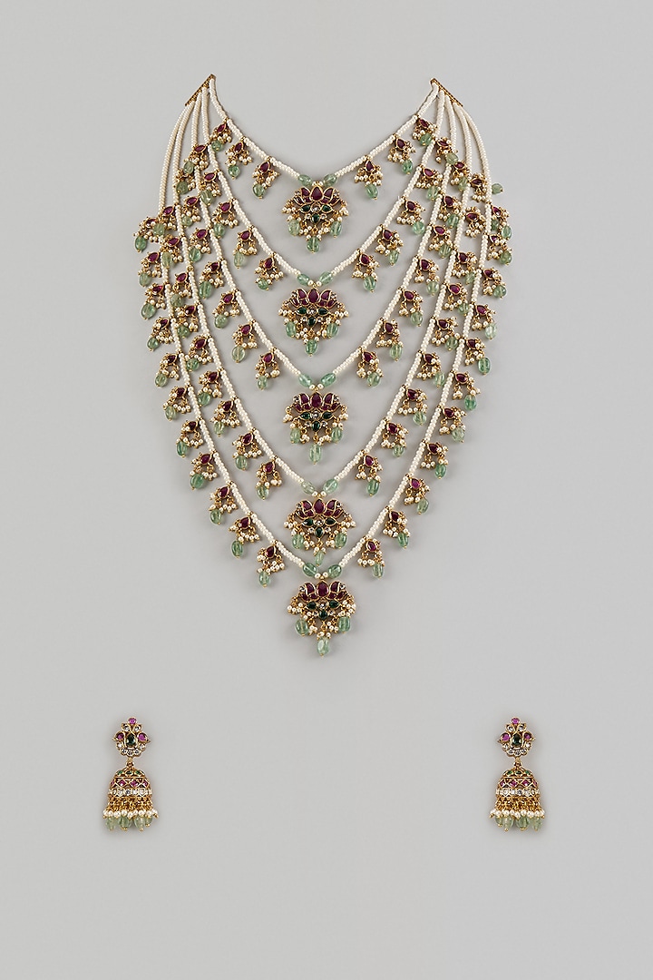 Gold Finish Ruby & Emerald Long Layered Necklace Set by Moh-Maya by Disha Khatri at Pernia's Pop Up Shop