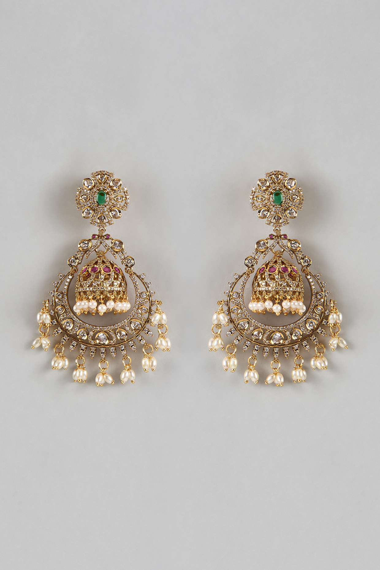 Gold Finish Ruby & Emerald Dangler Earrings by Moh-Maya by Disha Khatri at Pernia's Pop Up Shop