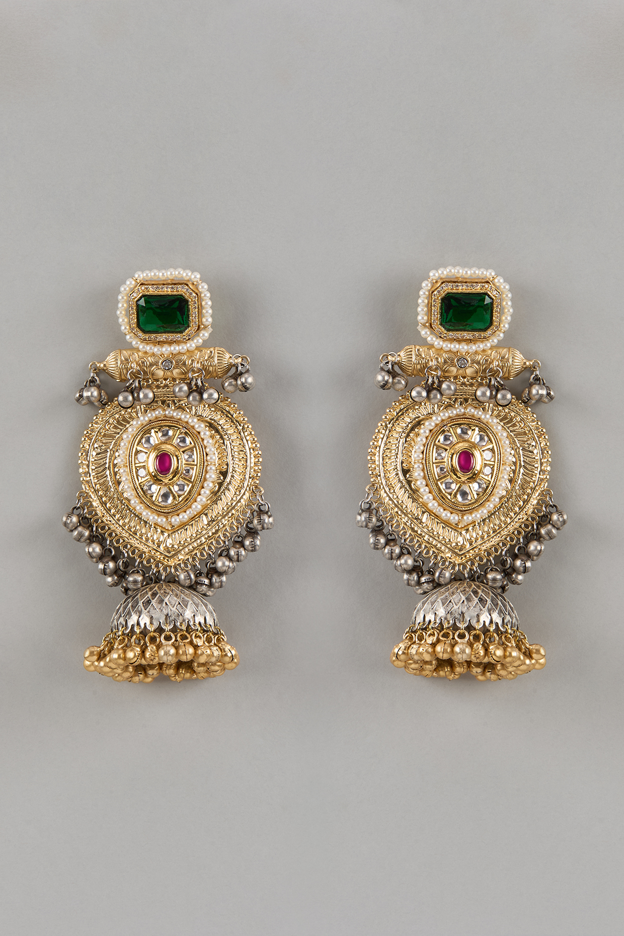 Gold Finish Ruby & Emerald Dangler Earrings by Moh-Maya by Disha Khatri at Pernia's Pop Up Shop
