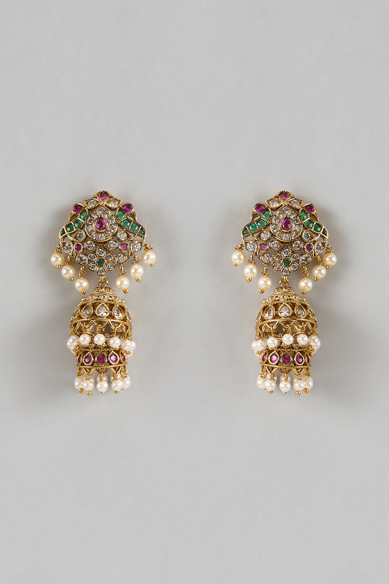 Gold Finish Ruby & Emerald Dangler Earrings by Moh-Maya by Disha Khatri at Pernia's Pop Up Shop