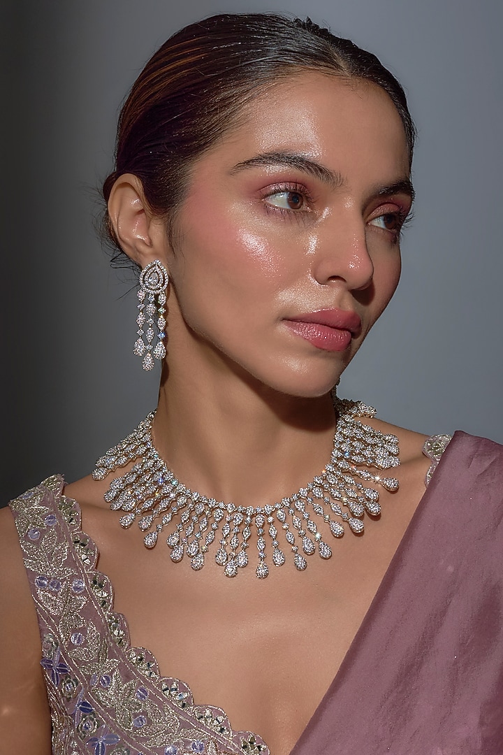 White Finish Zircon Choker Necklace Set by Moh-Maya by Disha Khatri at Pernia's Pop Up Shop
