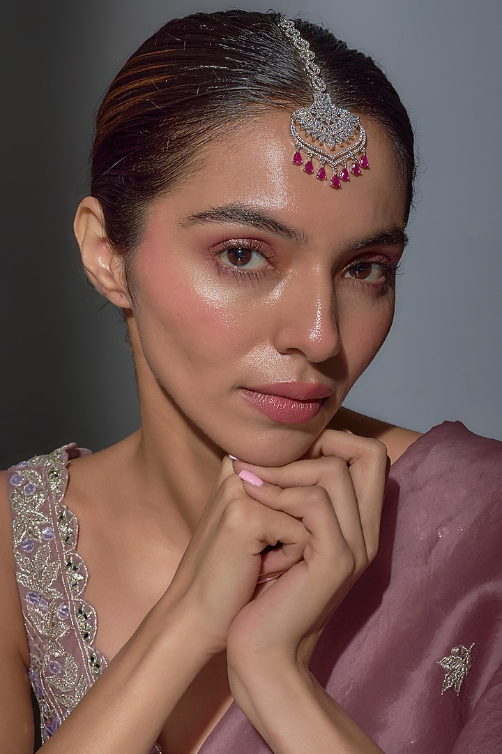 White Finish Zircon & Ruby Stone Maangtikka by Moh-Maya by Disha Khatri at Pernia's Pop Up Shop