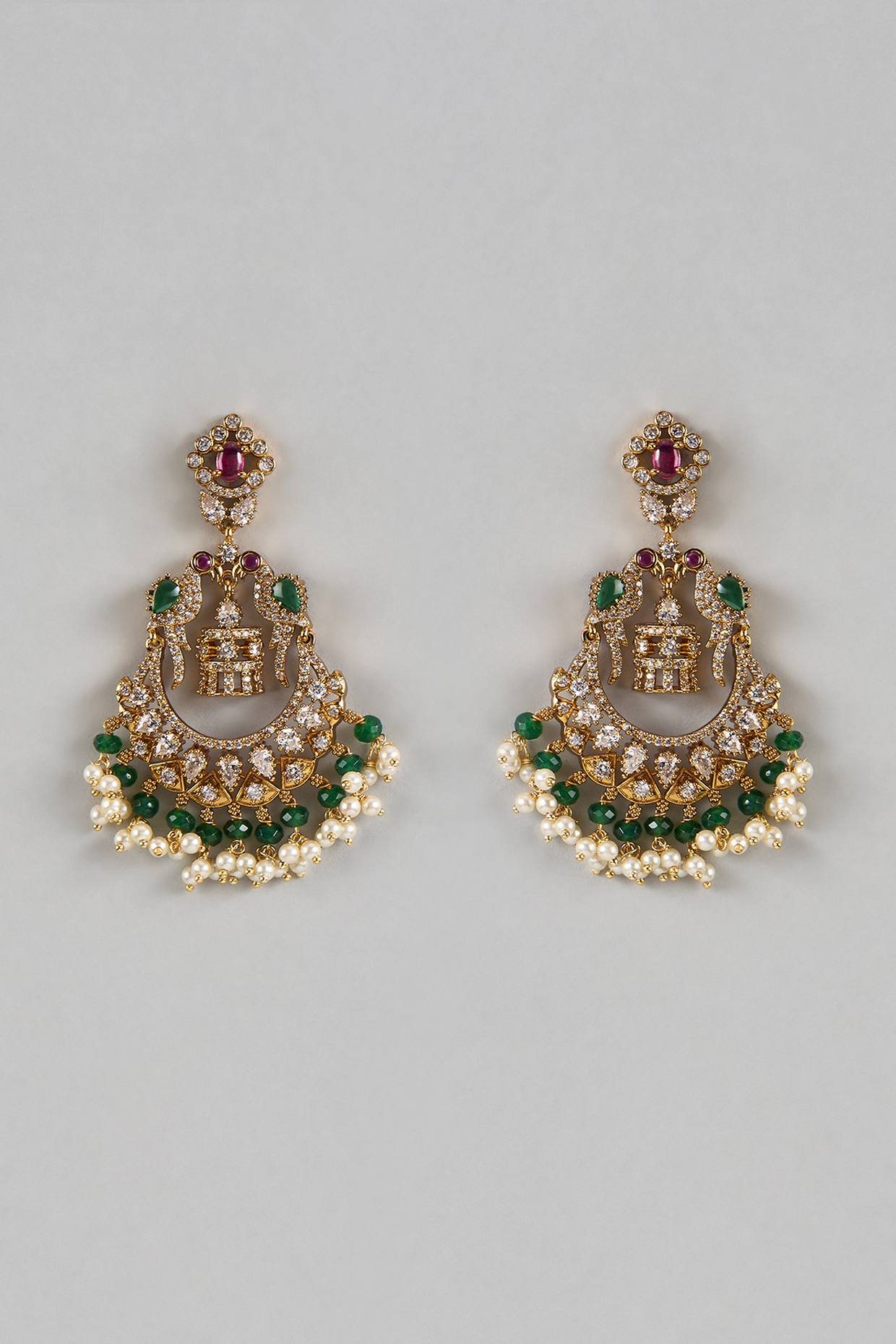 Gold Finish Ruby & Emerald Dangler Earrings by Moh-Maya by Disha Khatri at Pernia's Pop Up Shop