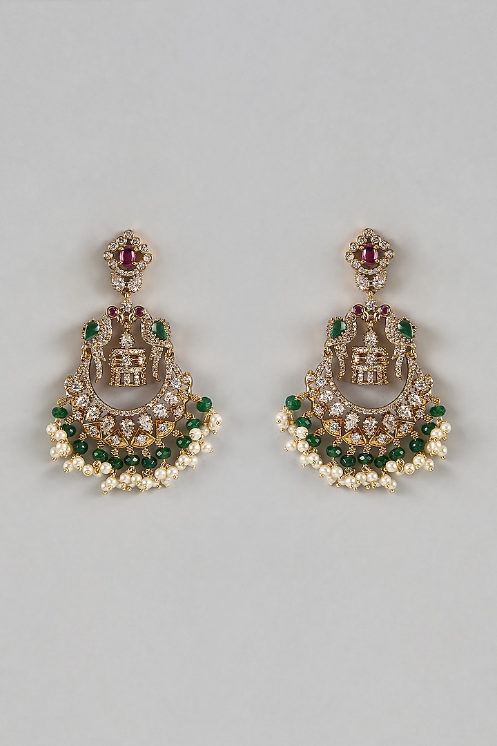 Gold Finish Ruby & Emerald Dangler Earrings by Moh-Maya by Disha Khatri at Pernia's Pop Up Shop