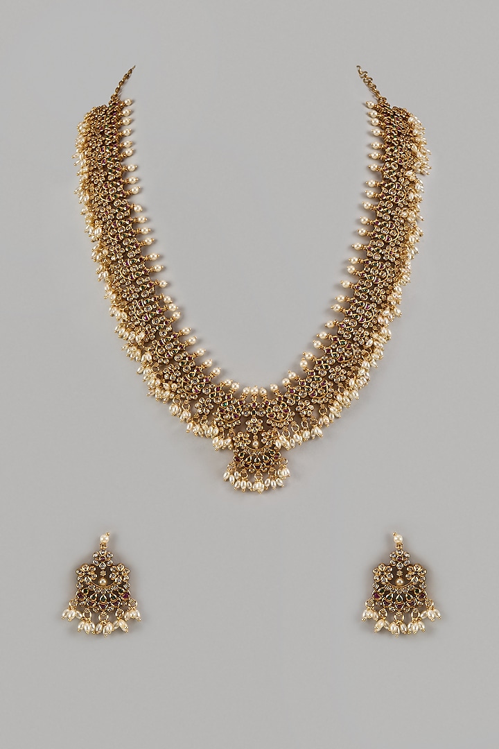 Gold Finish Emerald & Pearl Beaded Long Necklace Set by Moh-Maya by Disha Khatri at Pernia's Pop Up Shop