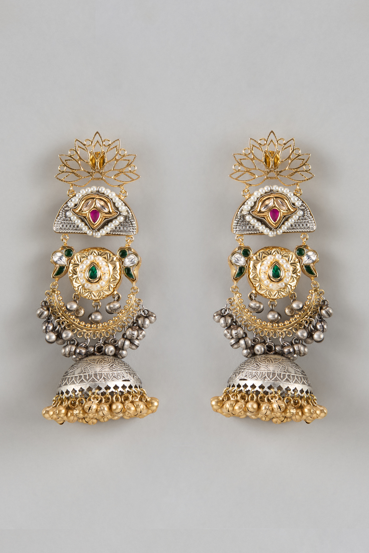 Gold Finish Ruby & Emerald Dangler Earrings by Moh-Maya by Disha Khatri at Pernia's Pop Up Shop