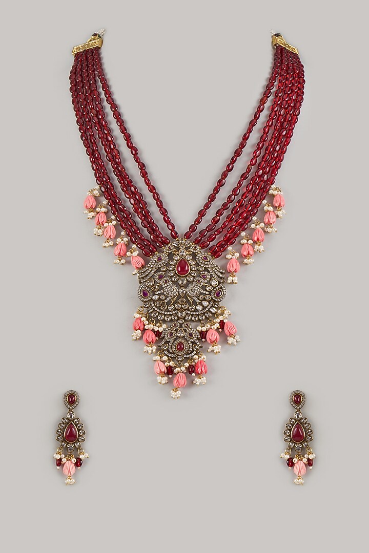 Gold Finish Ruby & Moissanite Long Necklace Set by Moh-Maya by Disha Khatri at Pernia's Pop Up Shop