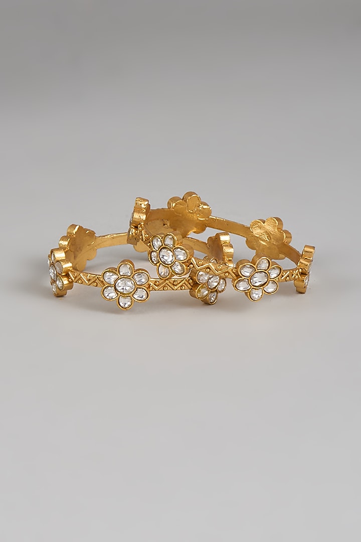 Gold Finish Moissanite Floral Bangles (Set Of 2) by Moh-Maya by Disha Khatri at Pernia's Pop Up Shop