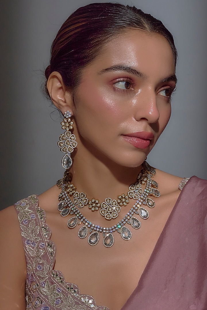 Black Rhodium Finish Grey Agate & Zircon Layered Necklace Set by Moh-Maya by Disha Khatri at Pernia's Pop Up Shop