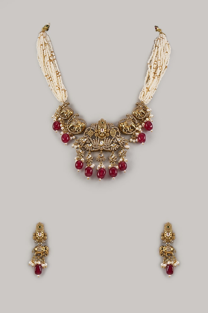 Gold Finish Ruby Stone & Moissanite Long Necklace Set by Moh-Maya by Disha Khatri at Pernia's Pop Up Shop
