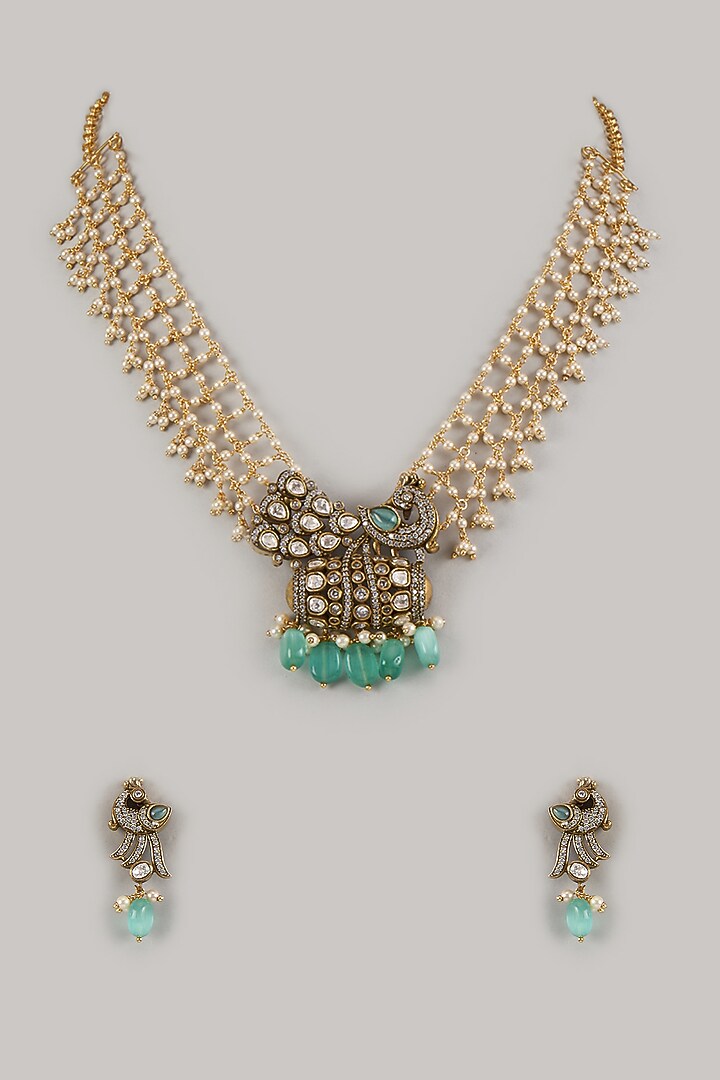 Gold Finish Moissanite & Pearl Beaded Long Necklace Set by Moh-Maya by Disha Khatri at Pernia's Pop Up Shop