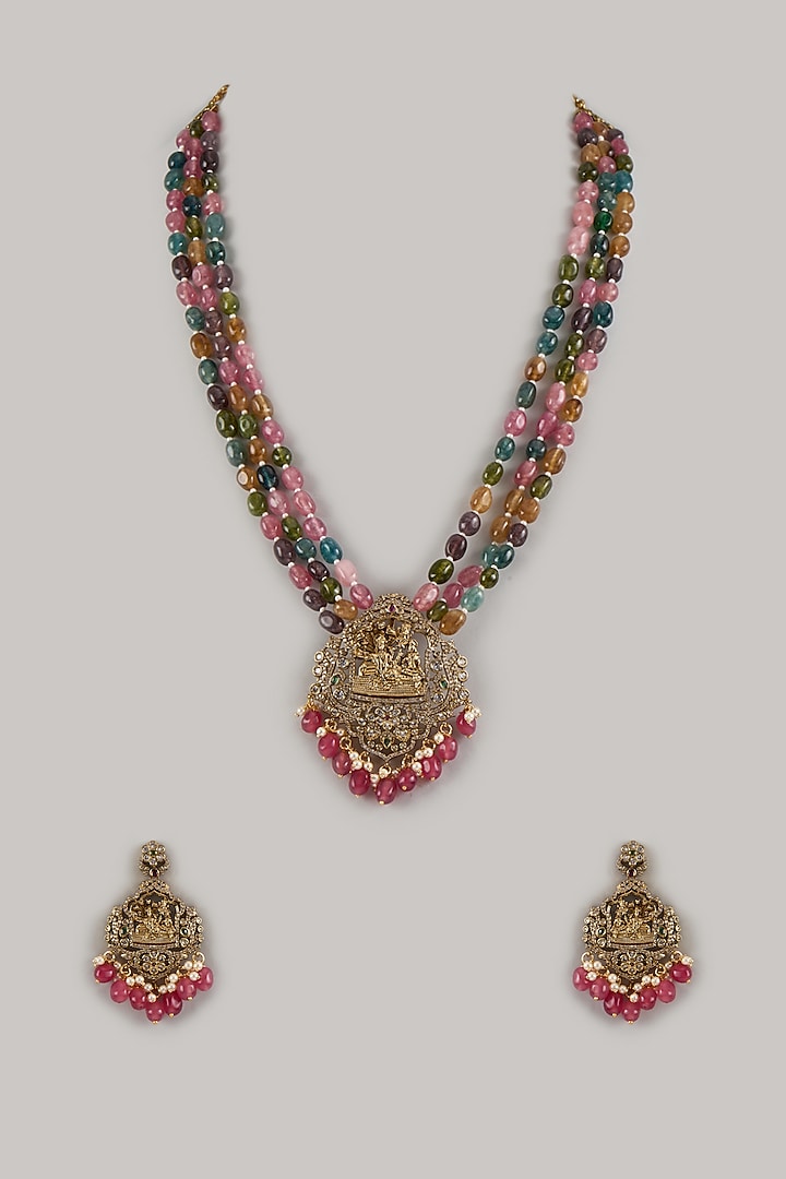 Gold Finish Multi-Colored Stone & Pearl Beaded Long Necklace Set by Moh-Maya by Disha Khatri at Pernia's Pop Up Shop
