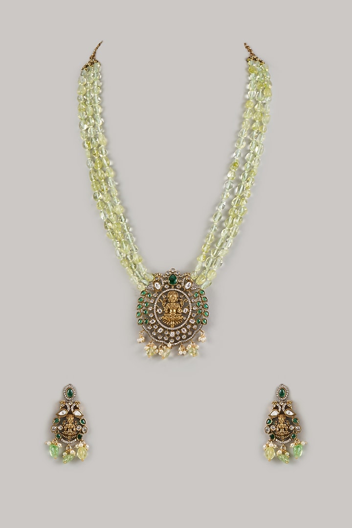Gold Finish Moissanite & Green Beaded Long Necklace Set by Moh-Maya by Disha Khatri at Pernia's Pop Up Shop