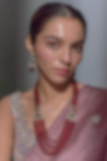 Gold Finish Moissanite & Red Beaded Long Layered Necklace Set by Moh-Maya by Disha Khatri at Pernia's Pop Up Shop