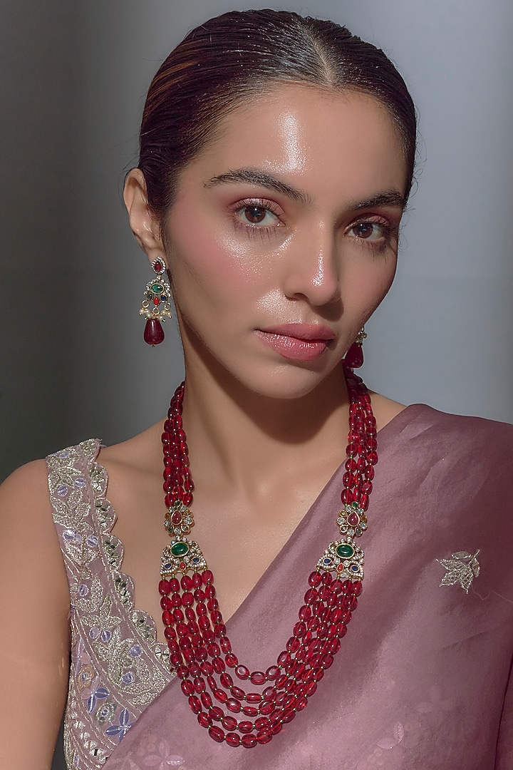 Gold Finish Moissanite & Red Beaded Long Layered Necklace Set by Moh-Maya by Disha Khatri at Pernia's Pop Up Shop