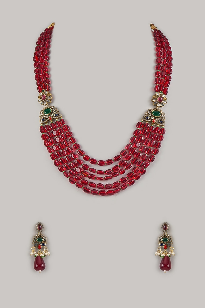 Gold Finish Moissanite & Red Beaded Long Layered Necklace Set by Moh-Maya by Disha Khatri at Pernia's Pop Up Shop