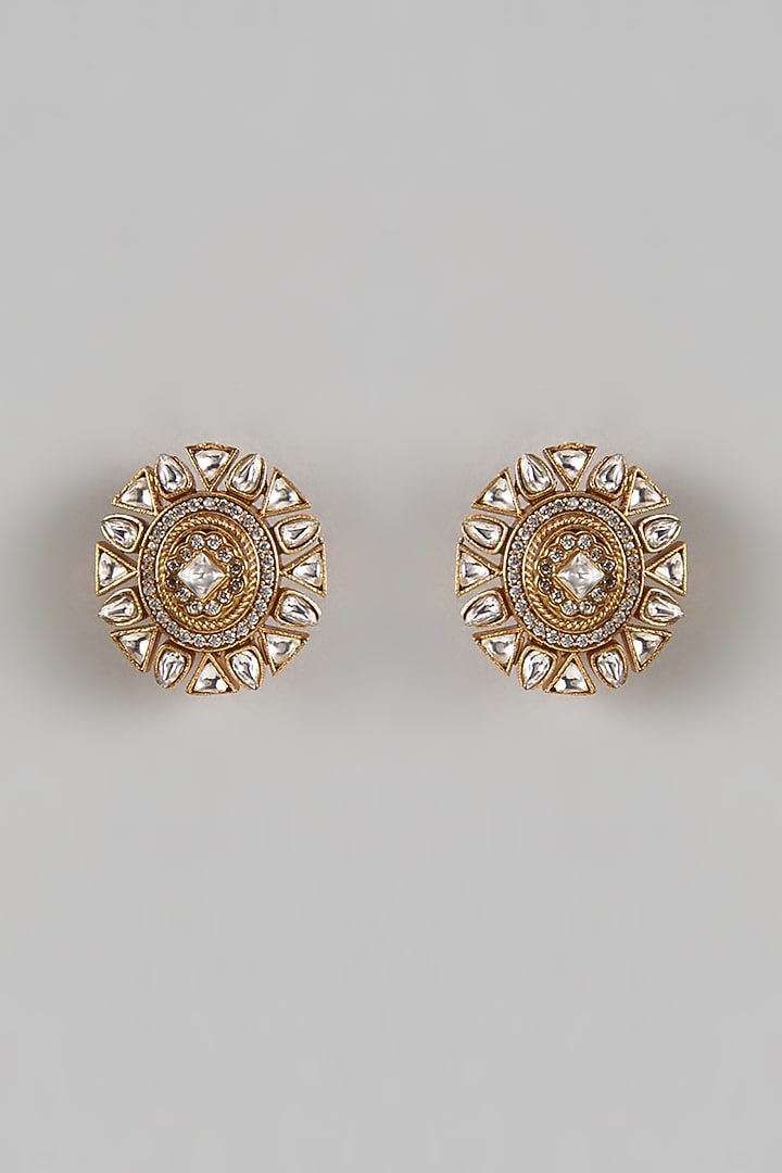 Gold Finish Moissanite & Zircon Stud Earrings by Moh-Maya by Disha Khatri at Pernia's Pop Up Shop