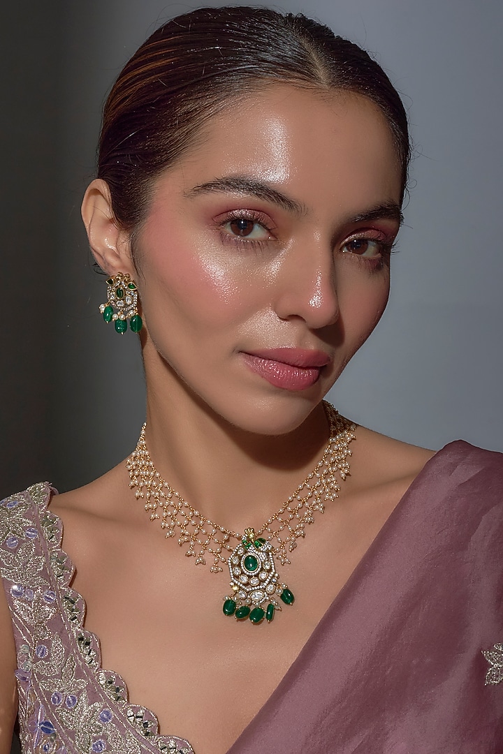 Gold Finish Emerald & Pearl Beaded Long Necklace Set by Moh-Maya by Disha Khatri at Pernia's Pop Up Shop