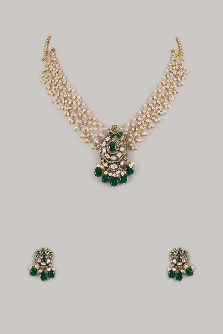 Gold Finish Emerald & Pearl Beaded Long Necklace Set by Moh-Maya by Disha Khatri at Pernia's Pop Up Shop