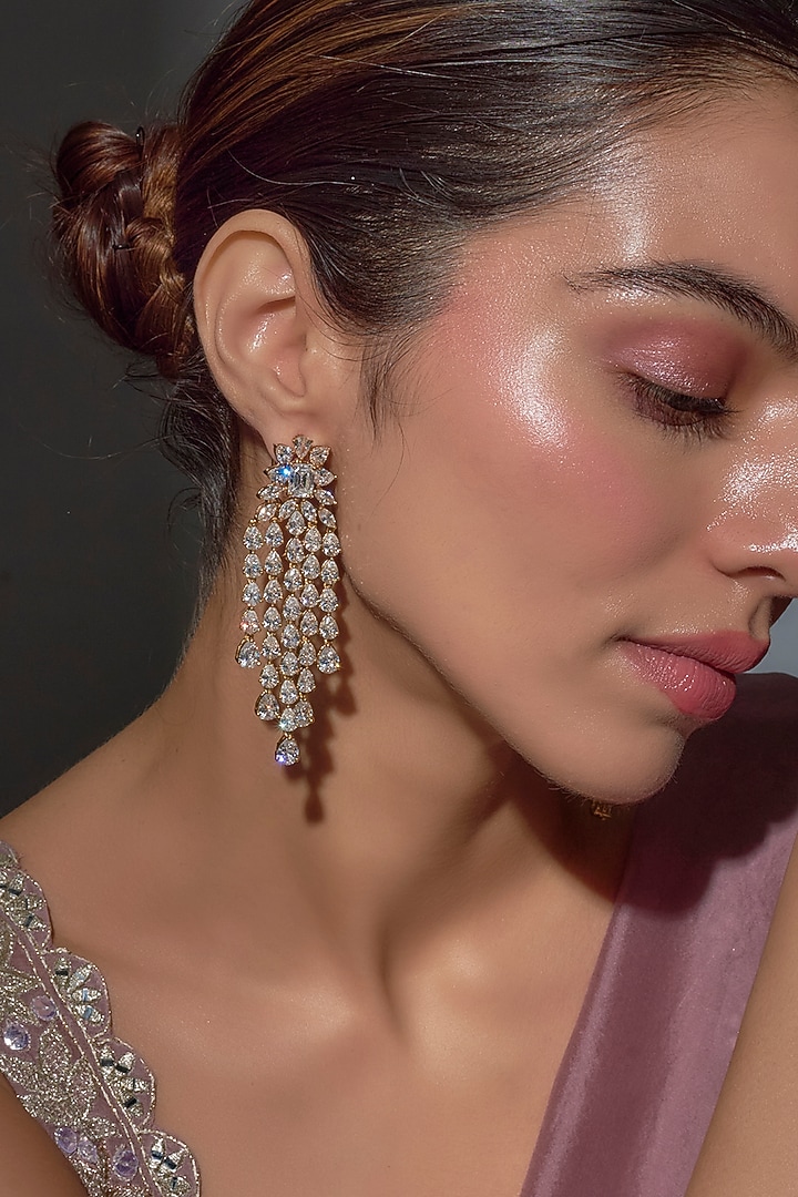Gold Finish Zircon Dangler Earrings by Moh-Maya by Disha Khatri at Pernia's Pop Up Shop