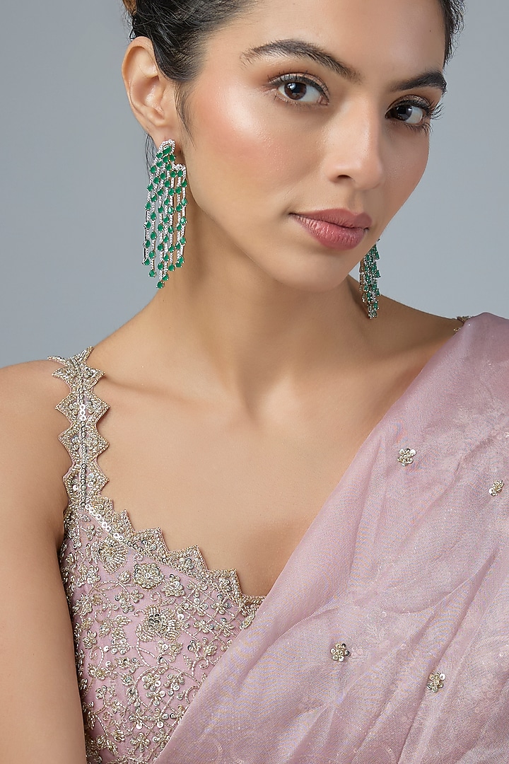 Silver Finish Emerald & Zircon Dangler Earrings by Moh-Maya by Disha Khatri at Pernia's Pop Up Shop