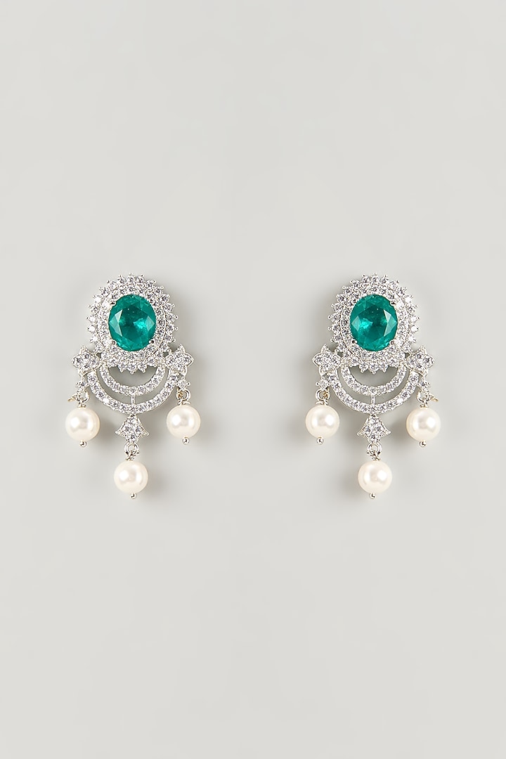 Silver Finish Zircon & Emerald Dangler Earrings by Moh-Maya by Disha Khatri at Pernia's Pop Up Shop