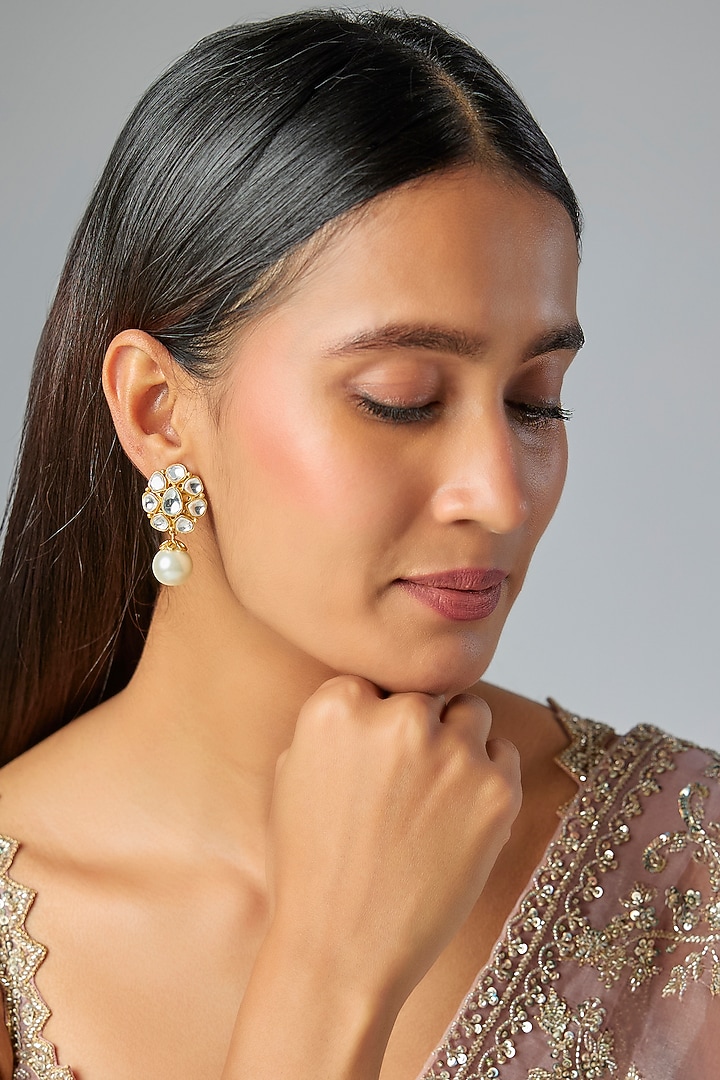 Gold Finish Kundan Polki & Pearl Stud Earrings by Moh-Maya by Disha Khatri at Pernia's Pop Up Shop