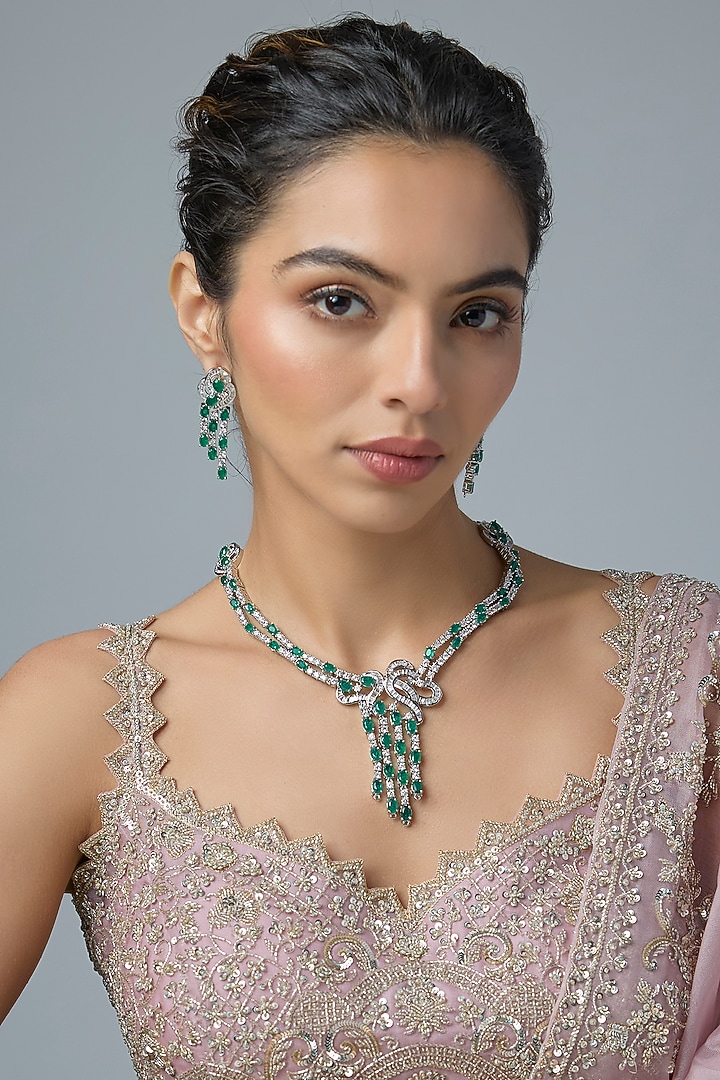Silver Finish Emerald & Zircon Long Necklace Set by Moh-Maya by Disha Khatri at Pernia's Pop Up Shop