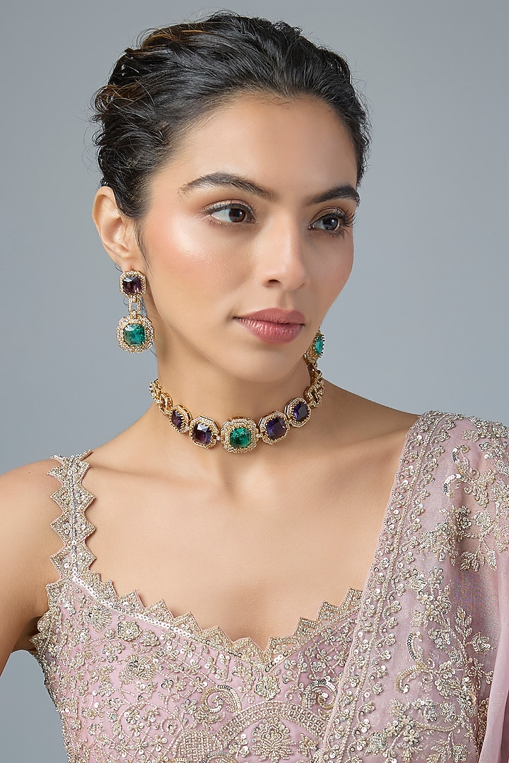 Gold Finish Amethyst & Emerald Choker Necklace Set by Moh-Maya by Disha Khatri at Pernia's Pop Up Shop