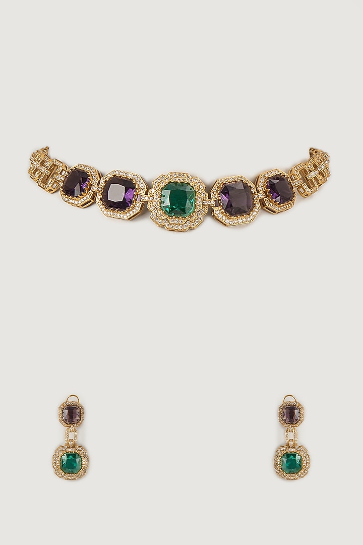 Gold Finish Amethyst & Emerald Choker Necklace Set by Moh-Maya by Disha Khatri at Pernia's Pop Up Shop