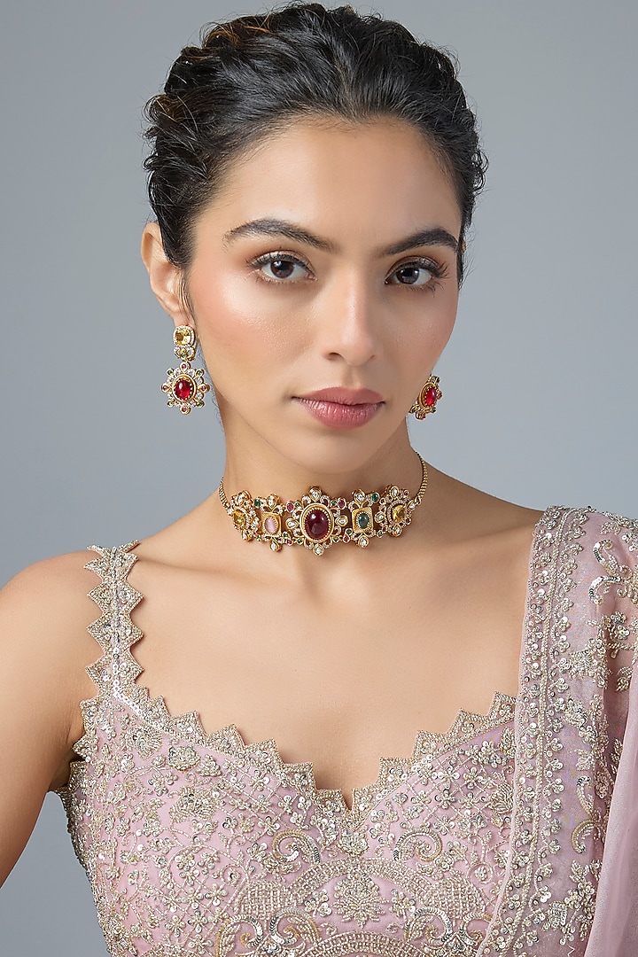 Gold Finish Rose Quartz & Zircon Choker Necklace Set by Moh-Maya by Disha Khatri at Pernia's Pop Up Shop
