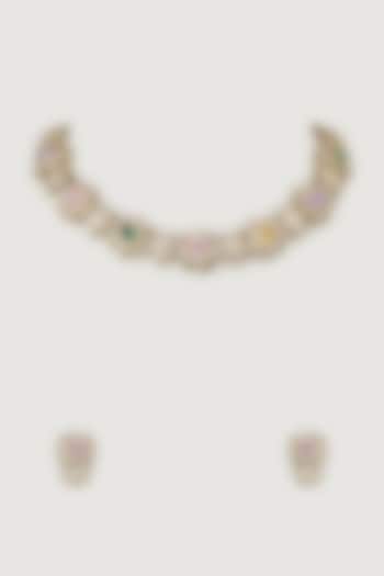 Gold Finish Kundan Polki & Ruby Choker Necklace Set by Moh-Maya by Disha Khatri at Pernia's Pop Up Shop