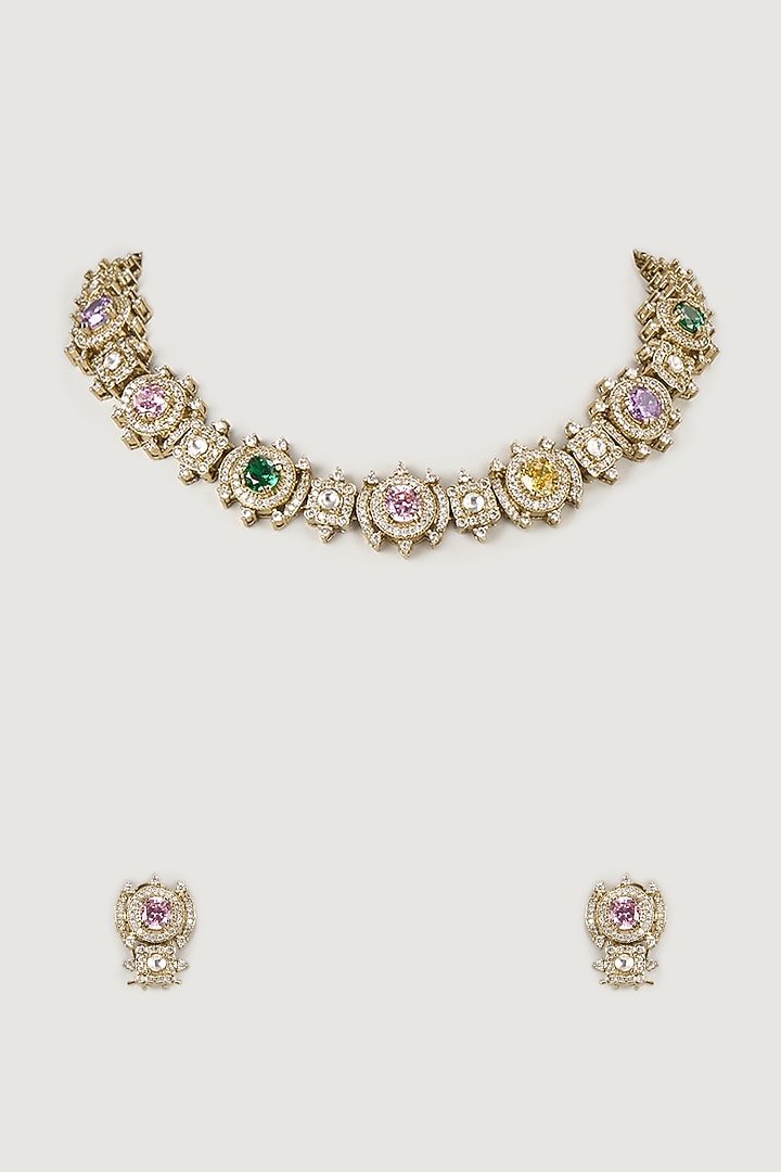 Gold Finish Kundan Polki & Ruby Choker Necklace Set by Moh-Maya by Disha Khatri at Pernia's Pop Up Shop