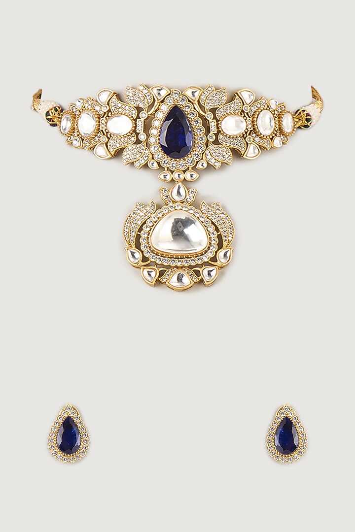 Gold Finish Kundan Polki & Amethyst Choker Necklace Set by Moh-Maya by Disha Khatri at Pernia's Pop Up Shop