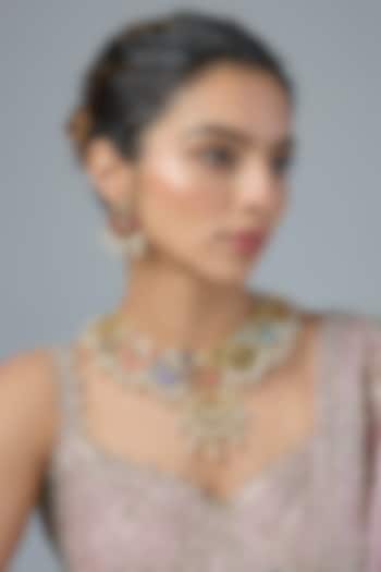 Gold Finish Multi-Colored Stone & Pearl Choker Necklace Set by Moh-Maya by Disha Khatri at Pernia's Pop Up Shop