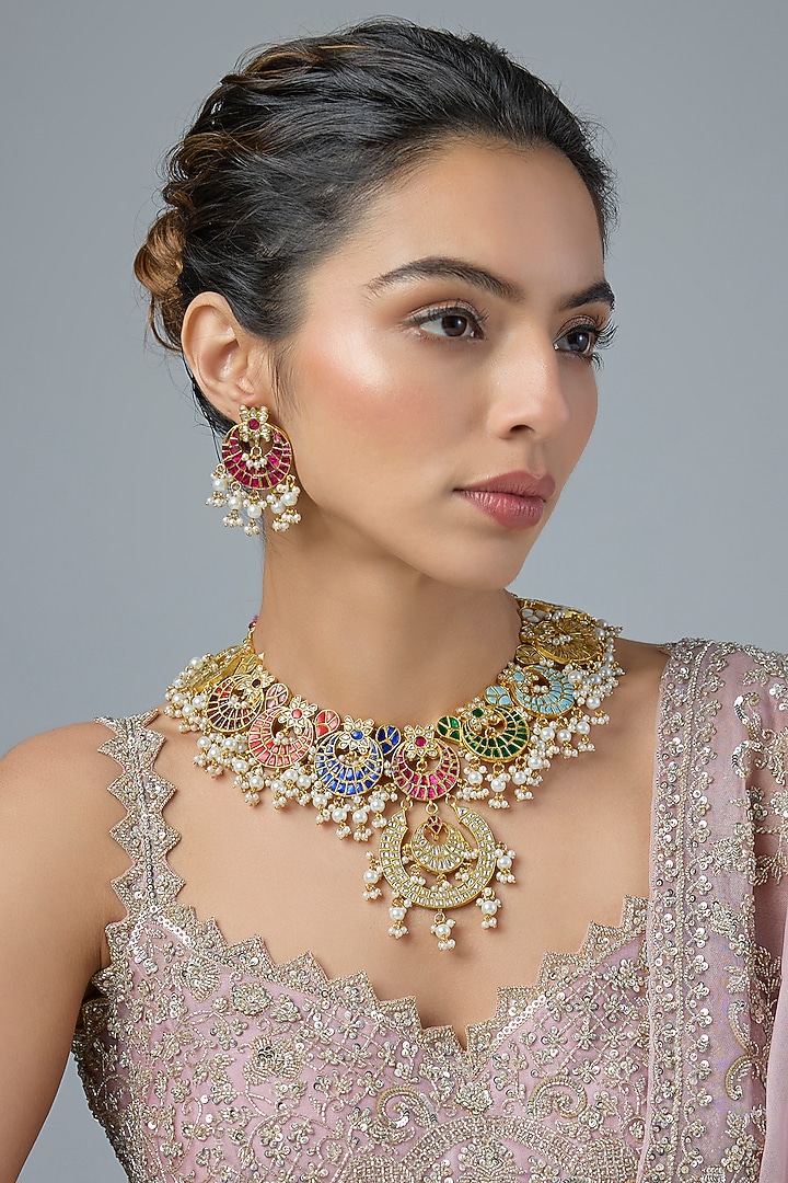 Gold Finish Multi-Colored Stone & Pearl Choker Necklace Set by Moh-Maya by Disha Khatri at Pernia's Pop Up Shop