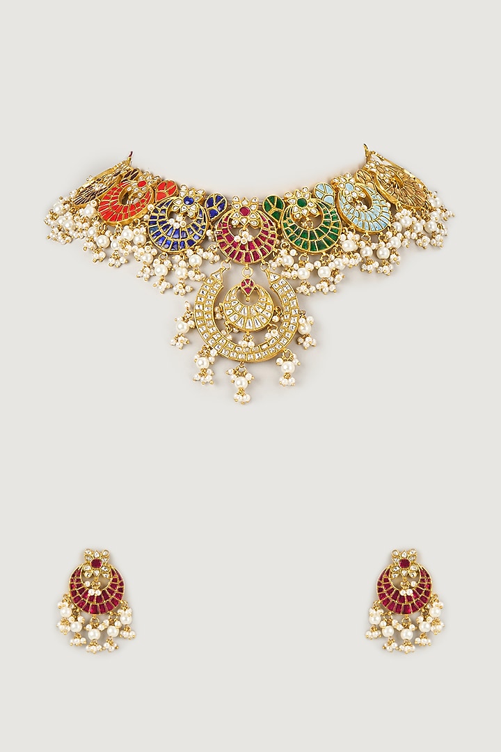 Gold Finish Multi-Colored Stone & Pearl Choker Necklace Set by Moh-Maya by Disha Khatri at Pernia's Pop Up Shop