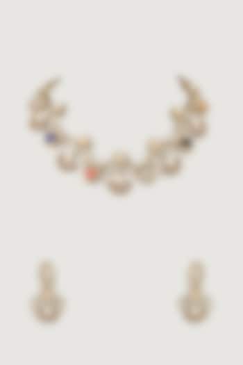 Gold Finish Multi-Colored Stone & Emerald Choker Necklace Set by Moh-Maya by Disha Khatri at Pernia's Pop Up Shop