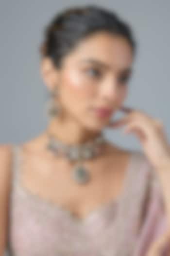 Gold Finish Multi-Colored Stone & Emerald Choker Necklace Set by Moh-Maya by Disha Khatri at Pernia's Pop Up Shop