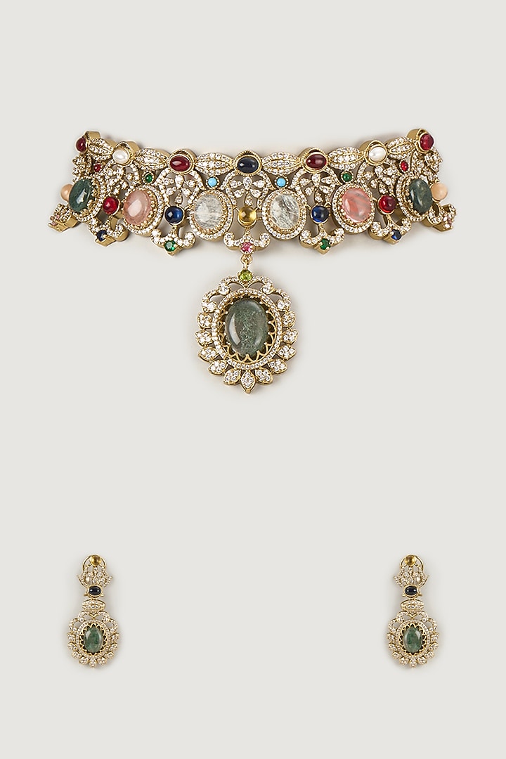 Gold Finish Multi-Colored Stone & Emerald Choker Necklace Set by Moh-Maya by Disha Khatri at Pernia's Pop Up Shop