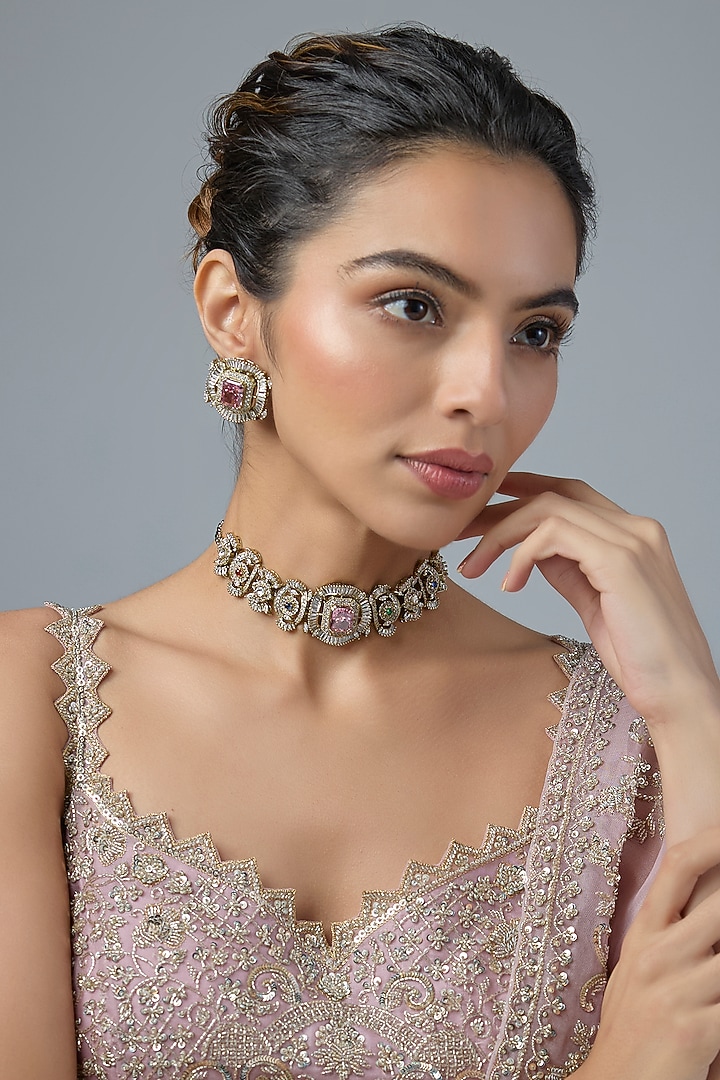 Gold Finish Multi-Colored Stone & Emerald Choker Necklace Set by Moh-Maya by Disha Khatri at Pernia's Pop Up Shop