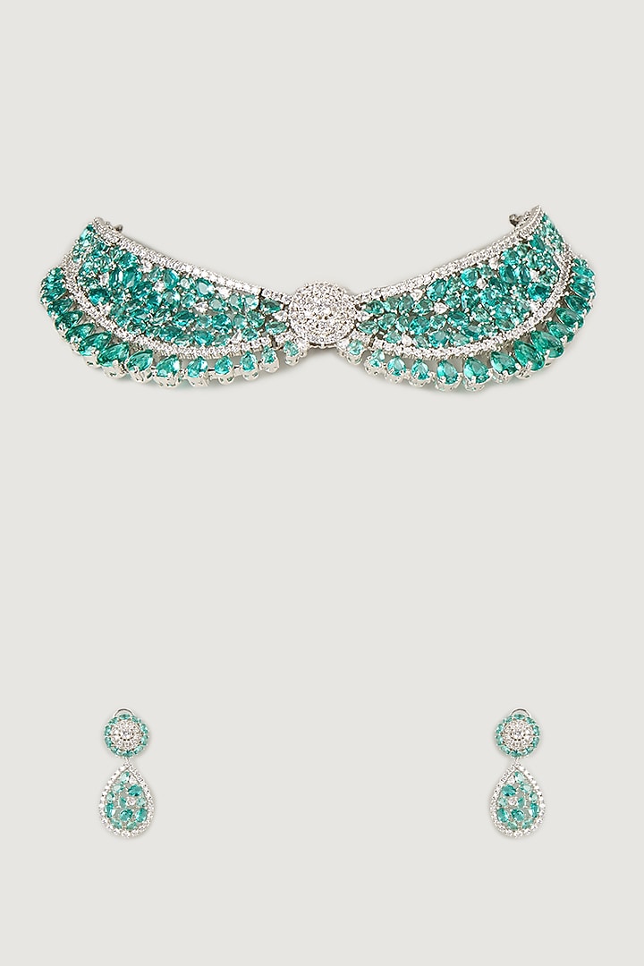 Silver Finish Turquoise Stone & Zircon Choker Necklace Set by Moh-Maya by Disha Khatri at Pernia's Pop Up Shop