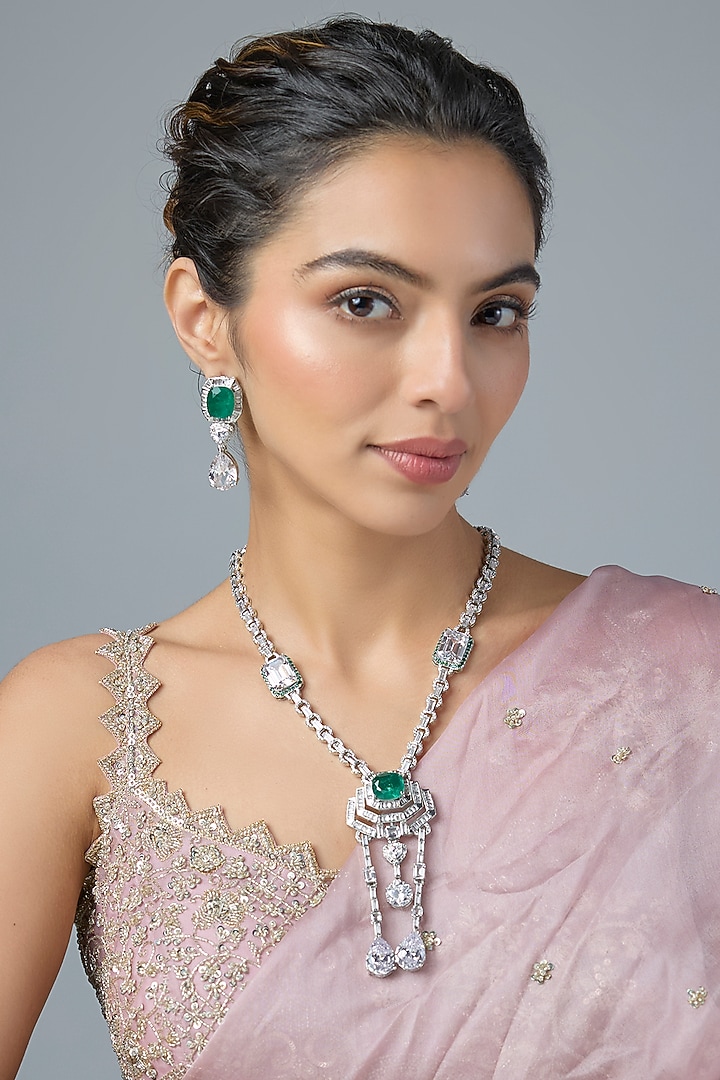 Silver Finish Emerald & Zircon Long Necklace Set by Moh-Maya by Disha Khatri at Pernia's Pop Up Shop