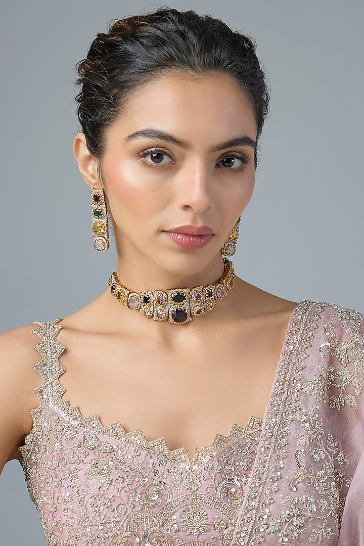 Gold Finish Kundan Polki & Multi-Colored Stone Choker Necklace Set by Moh-Maya by Disha Khatri at Pernia's Pop Up Shop