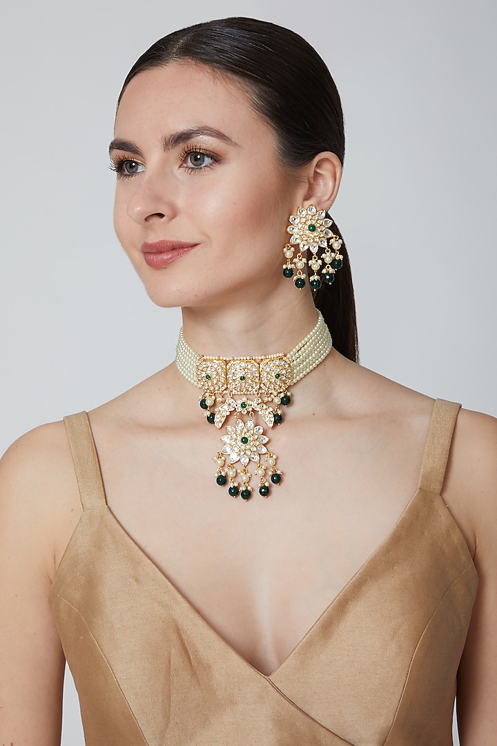 Gold Finish Emeralds Necklace Set by Moh-Maya By Disha Khatri