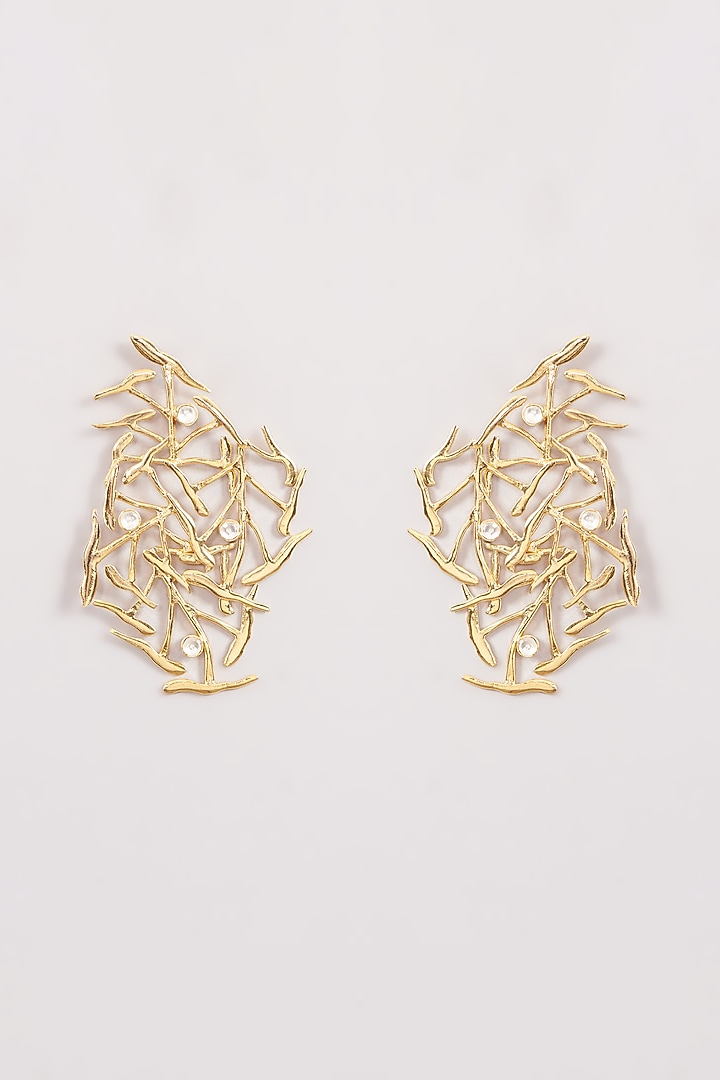Gold Finish Zircon Spiral Thin Wire Dangler Earrings by Moh-Maya by Disha Khatri at Pernia's Pop Up Shop