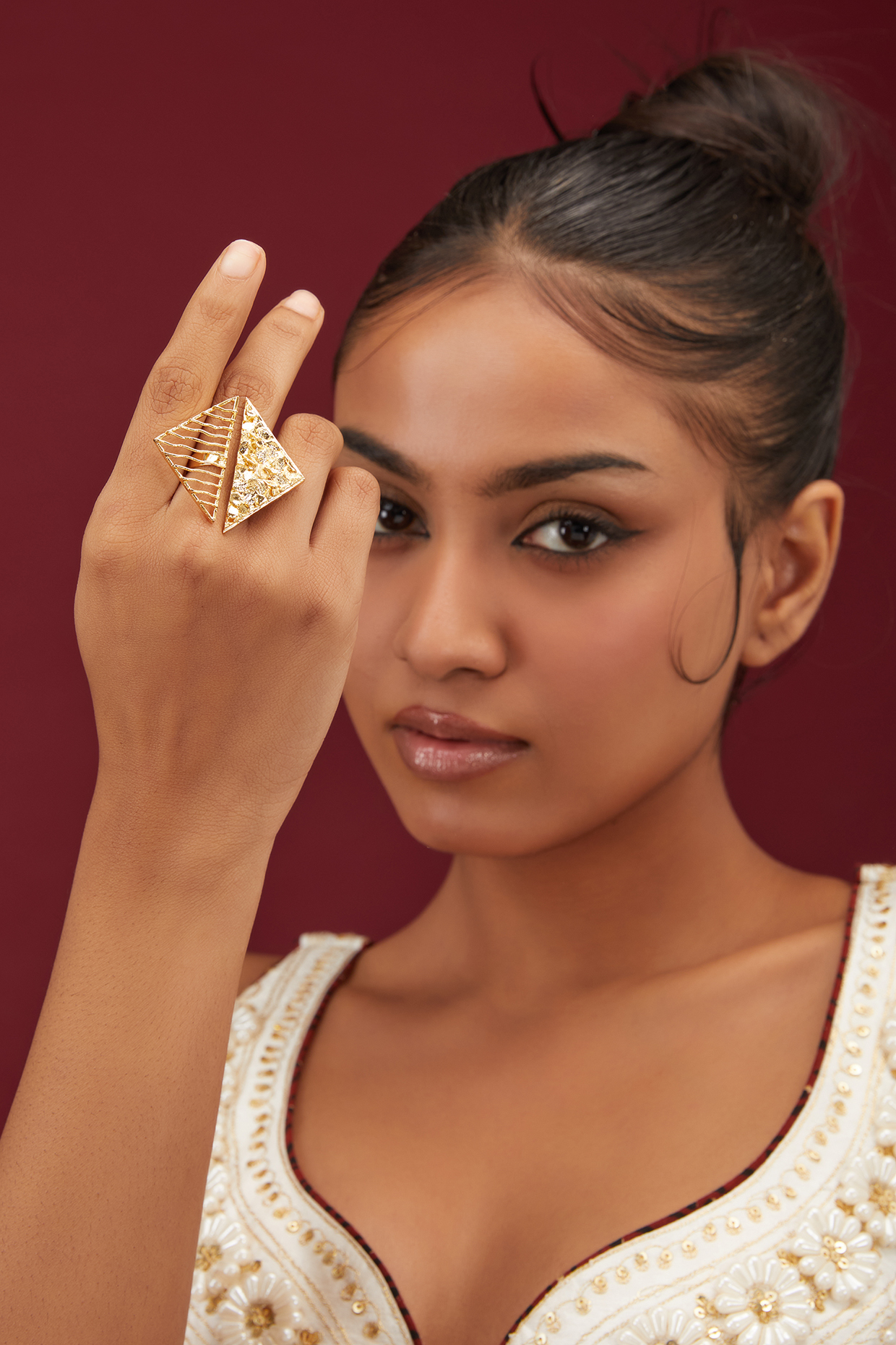 Gold Finish Two Sided Triangle Shaped Ring by Moh Maya by Disha Khatri at Pernia s Pop Up Shop